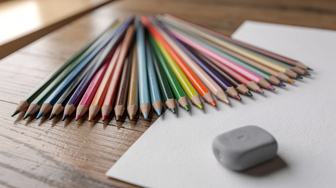 A close-up view showcases a vibrant array of colored pencils arranged neatly on a wooden desk, accompanied by a sheet of drawing paper and a kneaded eraser. The scene highlights the colorful tools of colored pencil art, inviting artists to explore various pencil techniques and create interesting textures in their drawings.