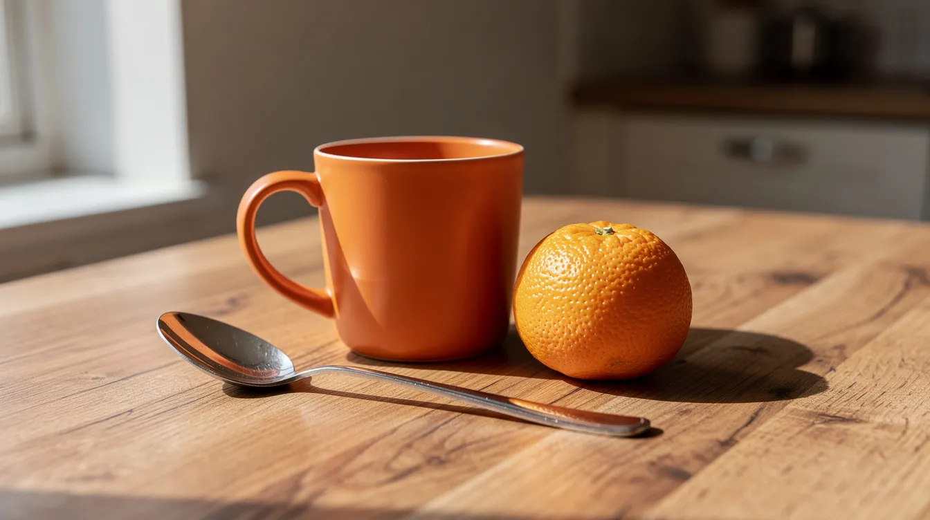 A realistic drawing of an orange ceramic mug and a metal spoon is placed on a wooden kitchen table, illuminated by natural window light that casts clear shadows, enhancing the scene's depth and detail. The composition captures the simplicity and warmth of everyday life, inviting a sense of calm and inspiration.