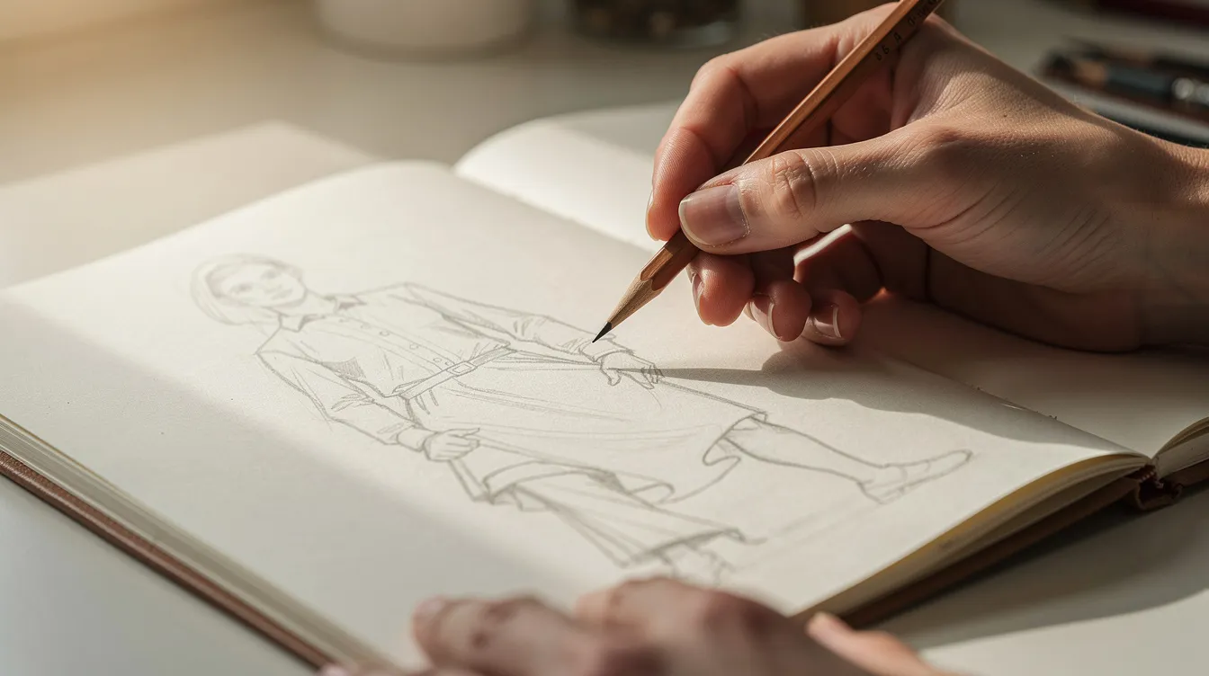A person's hands are holding a pencil above an open sketchbook, where light gestural sketches of basic shapes and figures are visible, showcasing the drawing process and practice of developing drawing skills. The sketches reflect a unique style, emphasizing the artist's focus on capturing form and movement through simple lines and shapes.