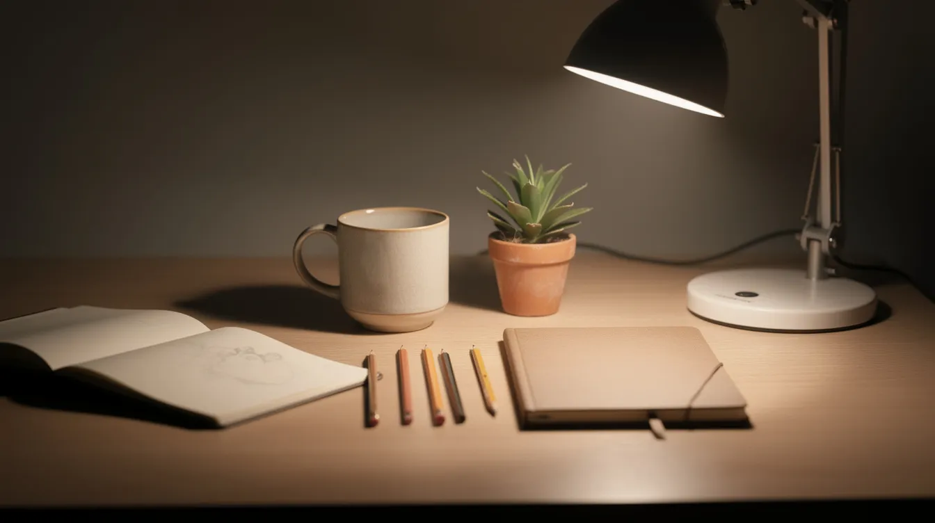 The image depicts a simple desk setup featuring a lamp casting light over a few drawing materials, including pencils and a sketchbook, perfect for still life drawing exercises. This arrangement highlights the basics of creating art, offering a solid foundation for students to explore their creativity.