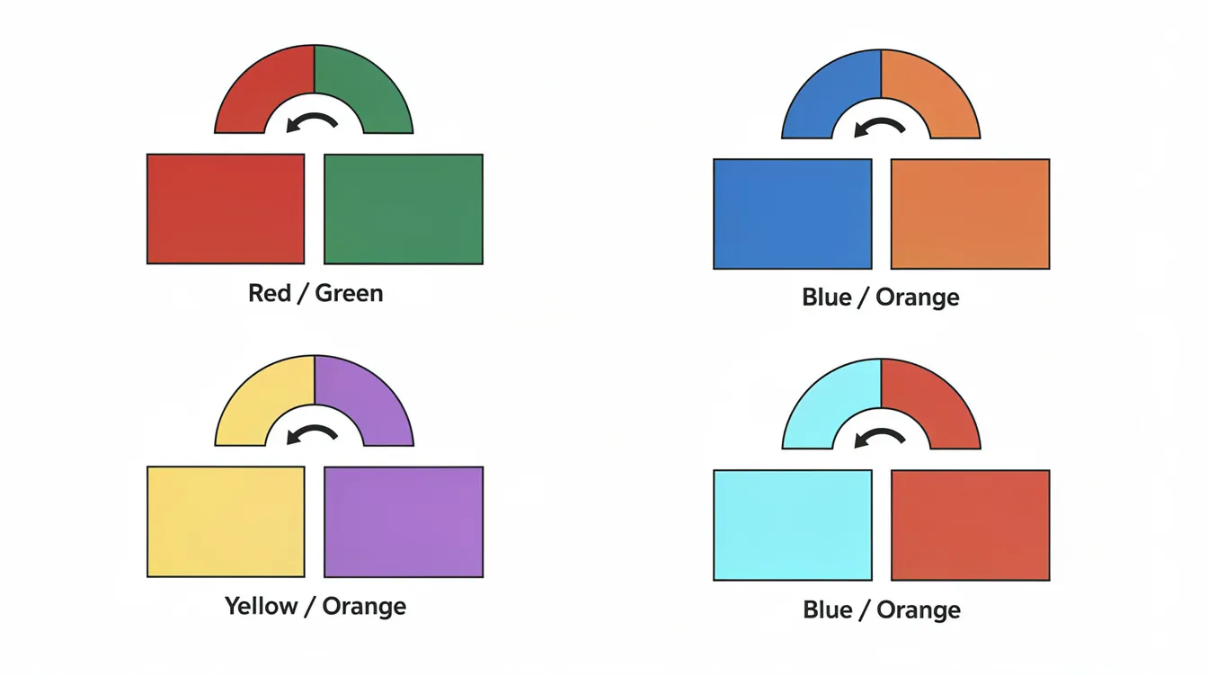 Color swatches displaying complementary pairs arranged side by side, with arrows illustrating their positions on the color wheel. This visual representation highlights the relationships between warm colors like red orange and cool colors such as blue green, emphasizing the importance of color theory in creating harmonious color schemes.