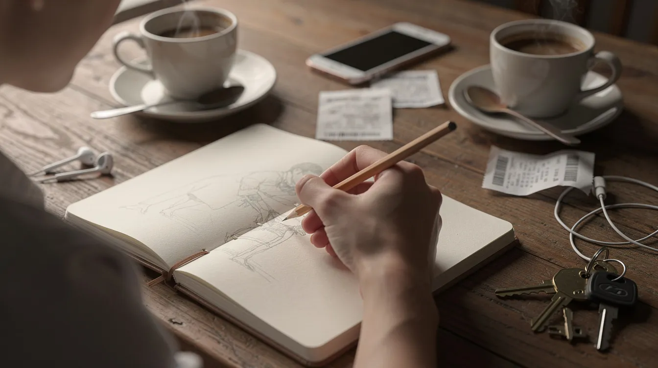A person is sketching in a small notebook with a simple pencil, surrounded by coffee cups and everyday objects, enjoying the creative process of drawing. This scene captures the essence of art practice, where the individual expresses their imagination and connects with the world around them.