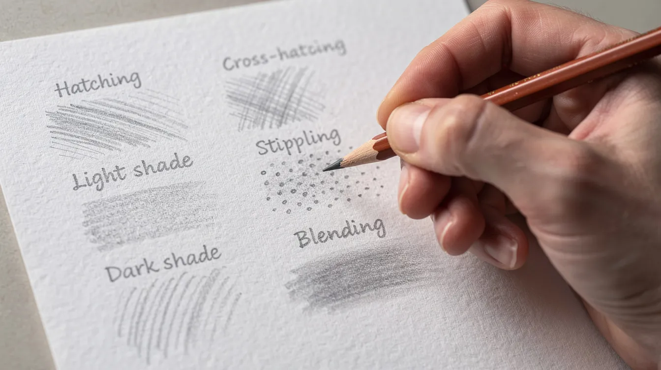 A hand is holding a sharp colored pencil, demonstrating various pencil techniques such as light pressure and heavy pressure on a textured drawing surface. The strokes create interesting textures and directional lines, showcasing the layering and blending techniques used in colored pencil art.