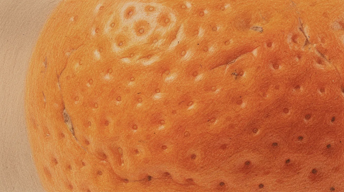 This colored pencil artwork intricately captures the texture of orange fruit skin, showcasing visible pores and highlights through careful layering and blending techniques. The use of light pressure and sharp pencil strokes brings depth and realism to the piece, enhancing the interesting texture of the orange.