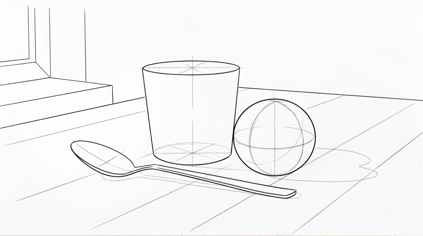 Light pencil block-in showing the still life as basic geometric shapes. The mug is a cylinder with crosshair construction lines, the orange is a sphere with axis guides, and the spoon is a simple outline. No shading applied.