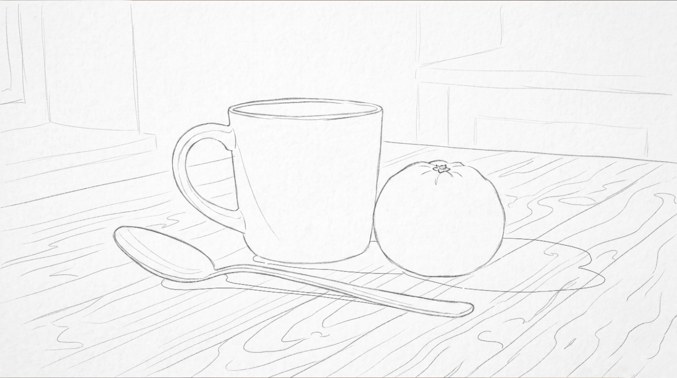 Light HB pencil block-in of the still life. The mug, orange, and spoon are outlined with simple contour lines on white paper. Table grain and background are lightly sketched. No shading applied.