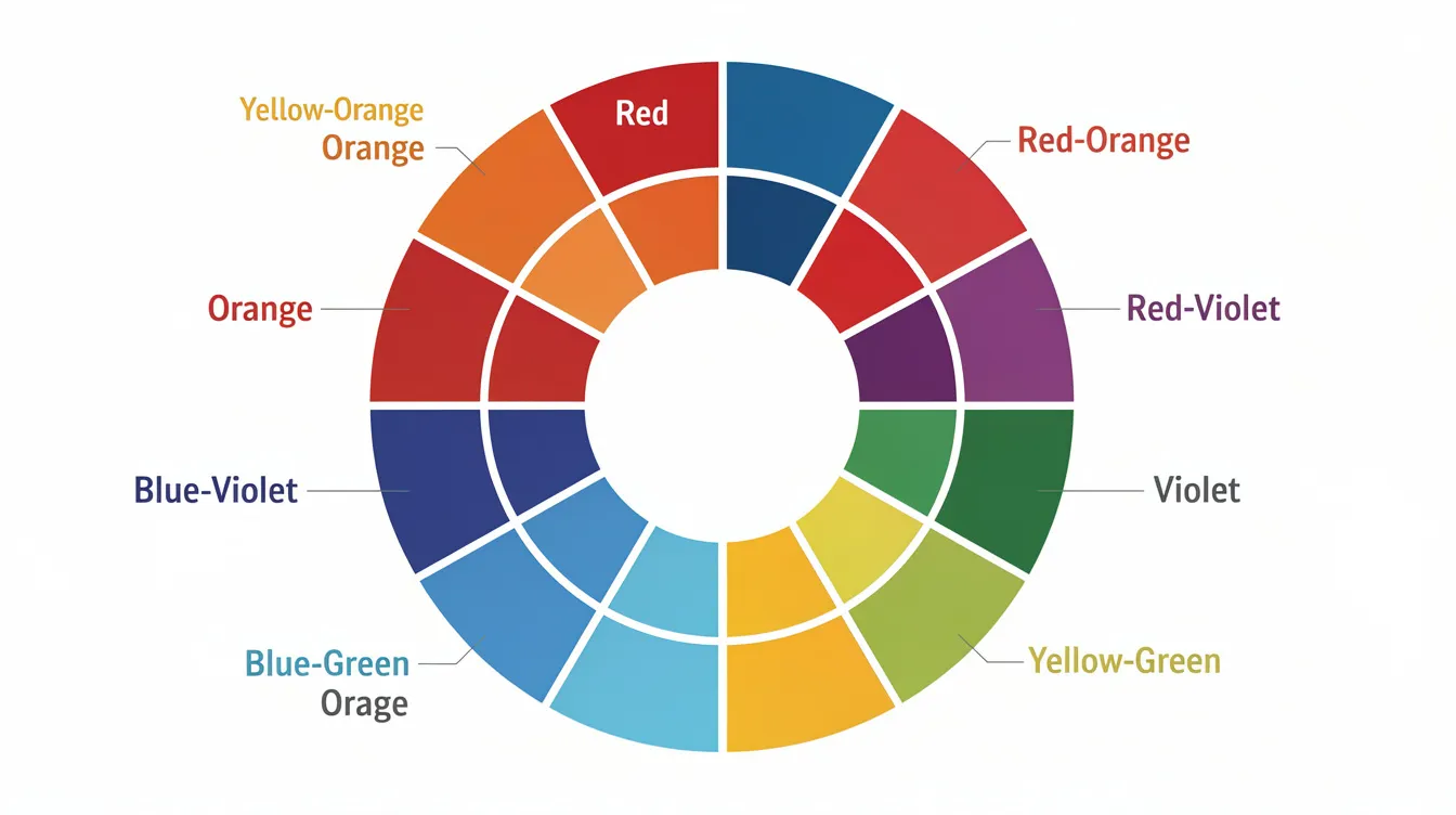 A 12-part color wheel showing primary, secondary, and tertiary colors arranged in a circular format with clear labels. This visual representation of color theory highlights warm and cool colors, such as red, blue, yellow, and their combinations, showcasing the relationships and harmony between different hues.