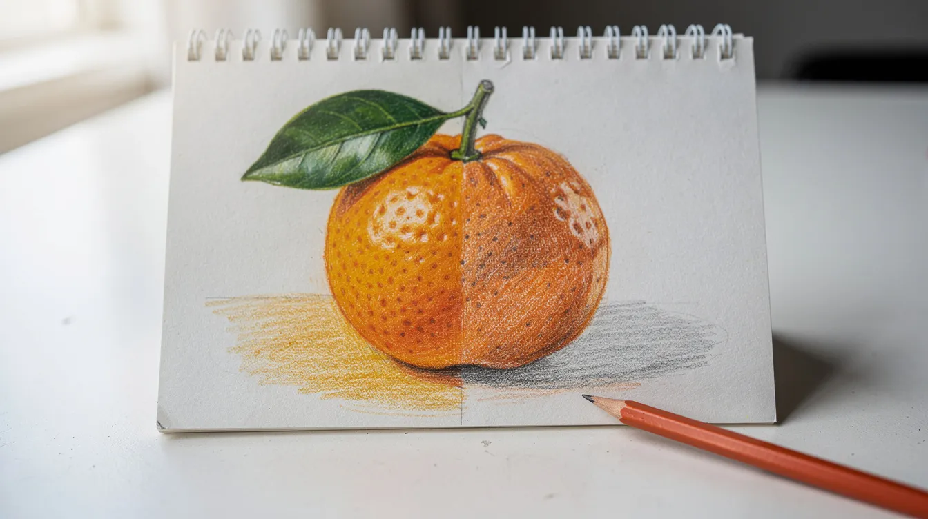 This image features a realistic colored pencil drawing of a mandarin orange, showcasing various layering stages of the drawing process. The artwork includes an attached green leaf and demonstrates colored pencil techniques such as blending, directional lines, and the use of light and heavy pressure to create interesting textures and depth.