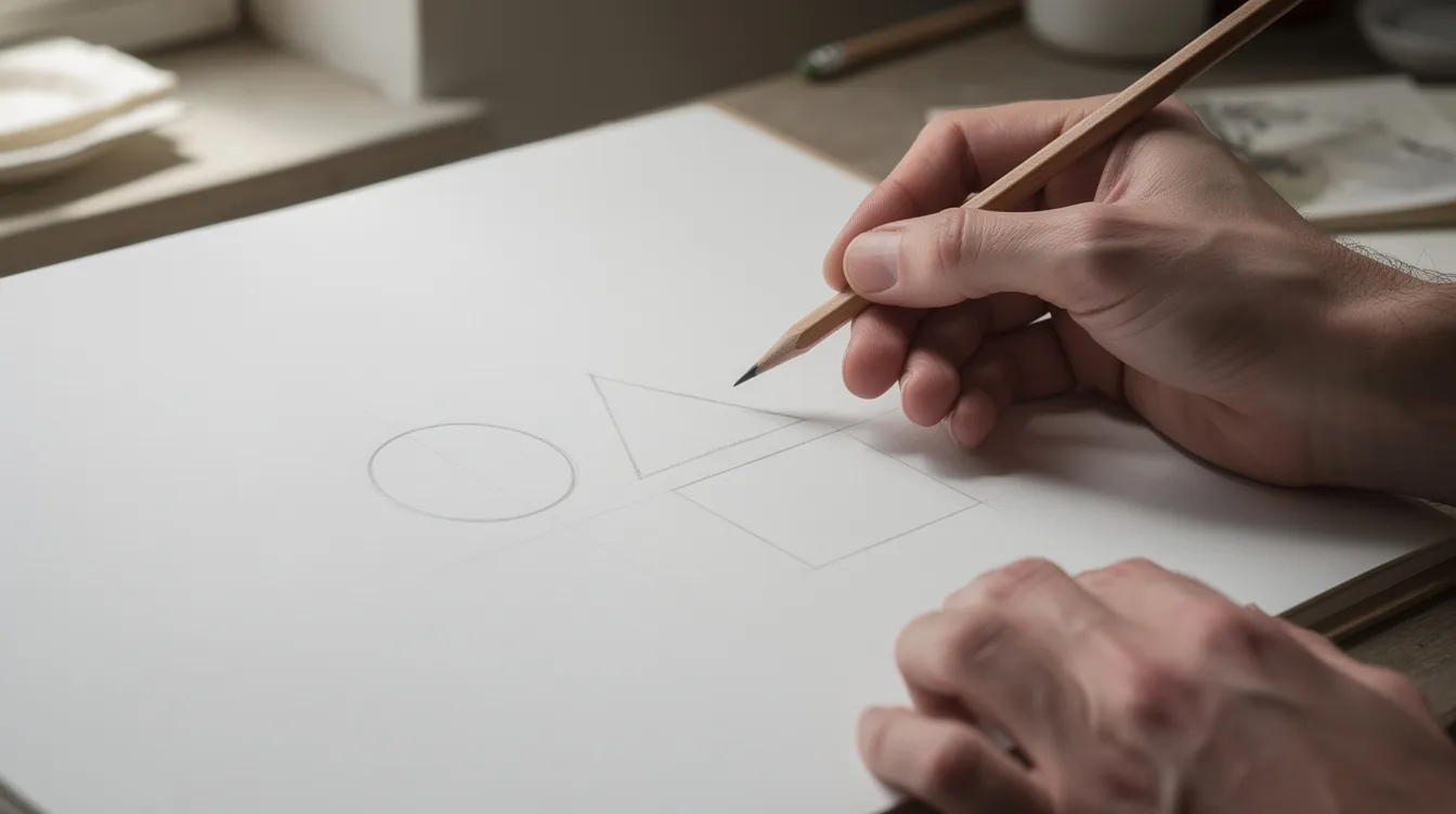 A close-up view of hands holding a pencil above a sketchbook, where basic geometric shapes are sketched on the page, illustrating the drawing fundamentals essential for creating art. This image captures the essence of drawing exercises and the solid foundation needed for artists to develop their skills.