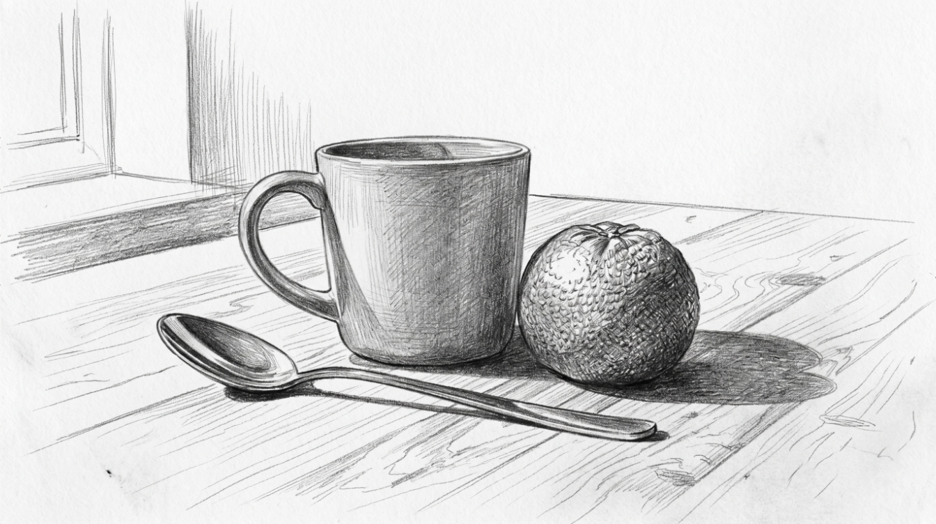 A close-up view of a realistic graphite drawing of an orange, spoon, and coffee cup, showcasing smooth blending transitions and intricate texture details on the object surfaces. The artwork highlights the skillful use of shading techniques and the careful observation of light and form, creating a lifelike representation on drawing paper.
