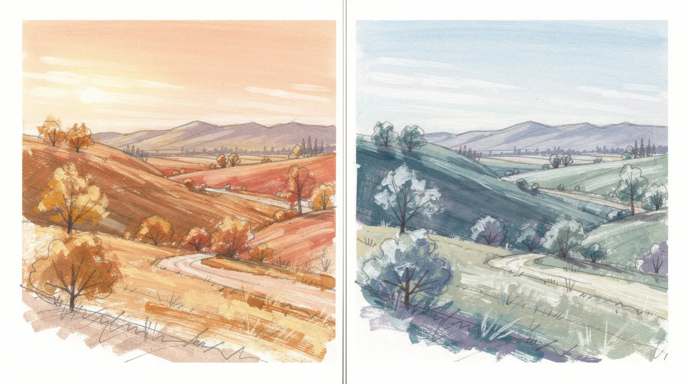 A side-by-side comparison of the same landscape sketch, showcasing two different color treatments: one with a warm-dominant palette including shades like yellow orange and red orange, and the other with a cool-dominant scheme featuring blue green and blue purple hues. This visual contrast highlights the emotional impact of warm and cool colors, illustrating basic color theory and the importance of color relationships in artistic expression.