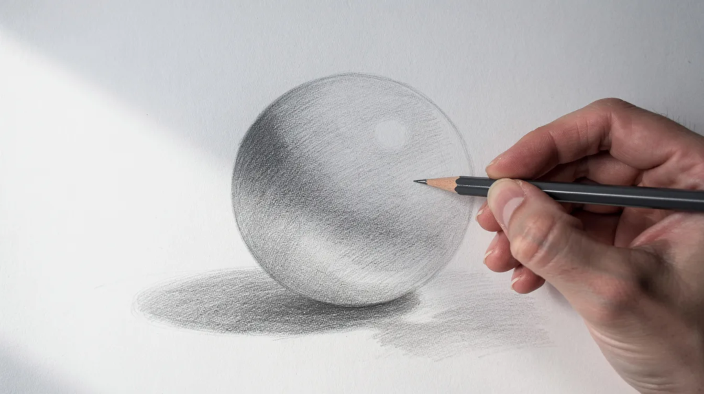 The image shows a hand skillfully shading a round sphere with a pencil, demonstrating light and shadow techniques essential for practice drawing. This scene captures the essence of basic skills in art, highlighting the importance of perspective and line work for complete beginners on their drawing journey.