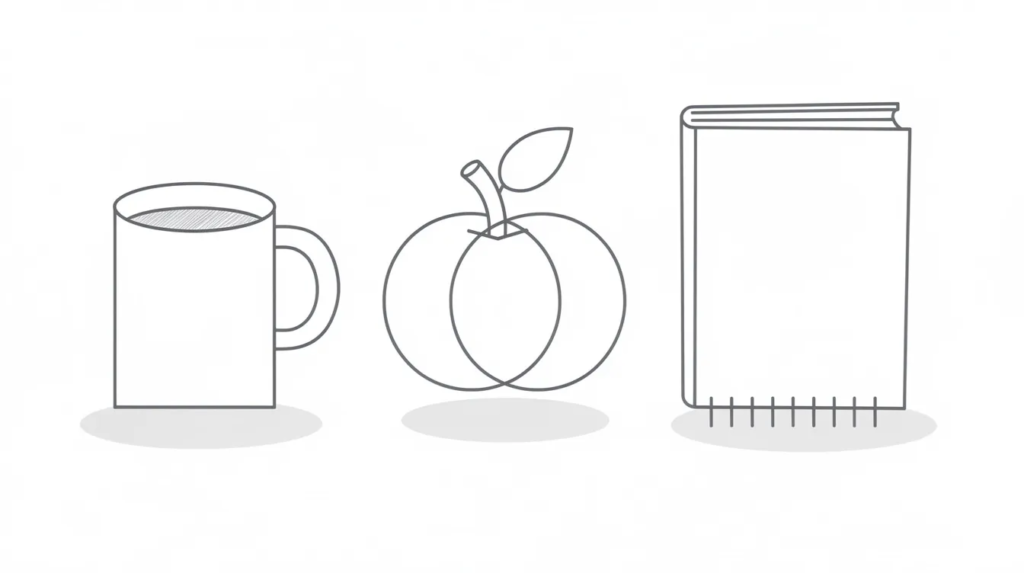The image features a simple sketch created using basic geometric shapes, including a round coffee mug, a circular apple, and a rectangular book. This illustration serves as a great reference for complete beginners to practice drawing and develop their artistic skills.