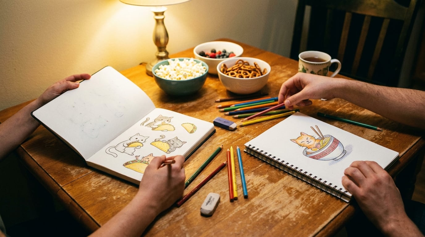 Two people drawing together at a wooden kitchen table in the evening, sketchbooks open with loose cat illustrations, colored pencils scattered between bowls of snacks and a glowing lamp.