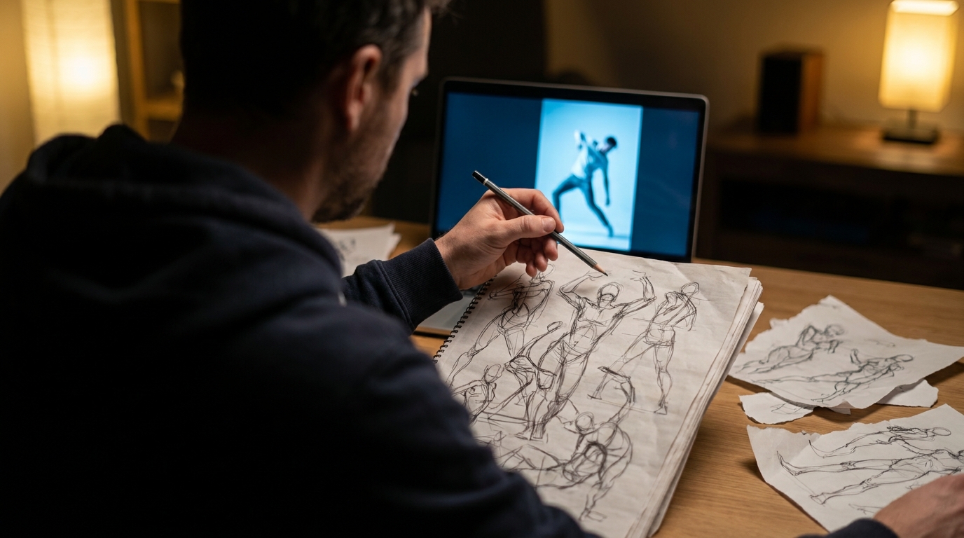 An artist seen from behind sketches gesture drawings in graphite on a large pad while referencing a figure pose displayed on a laptop screen, with scattered practice sheets across the desk in warm evening light.