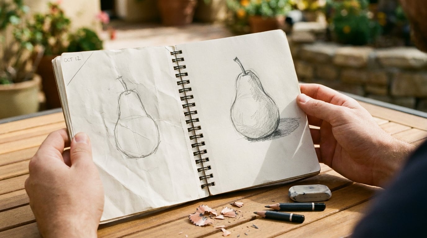 Alt text: Hands holding open a spiral sketchbook on a sunlit patio table, showing two pencil drawings of a pear side by side; the left page has stiff, hesitant lines while the right page shows the same subject with confident strokes and shading, with pencil shavings and graphite pencils resting on the table below.