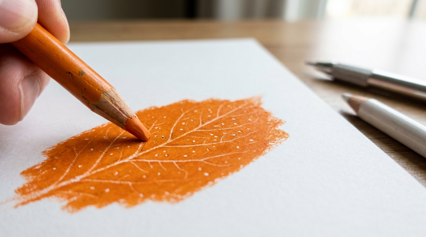 An orange colored pencil glides over drawing paper, revealing hidden leaf veins and pore textures pressed into the surface with a stylus before any color was applied.