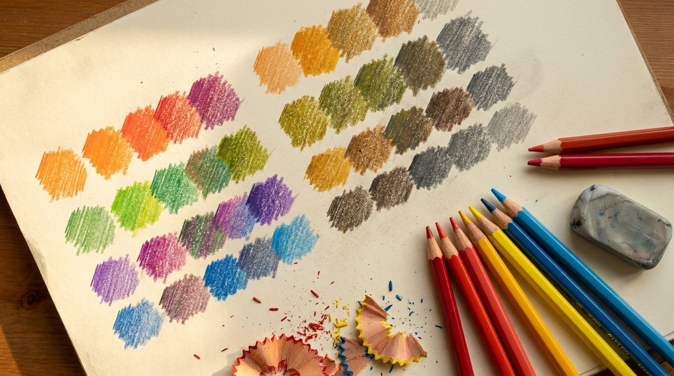 Overhead view of a handmade colored pencil color mixing chart on cream paper showing rows of layered swatches transitioning from vibrant pure hues to muted neutrals, with colored pencils, pencil shavings, and a kneaded eraser arranged beside the chart.