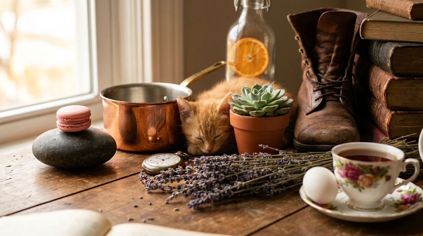 A warm still life arrangement on a wooden table featuring a copper pot, sleeping orange kitten, potted succulent, French macaron on stacked stones, dried lavender, old leather boot, antique books, glass bottle with dried citrus, pocket watch, and a floral teacup with tea, all bathed in soft window light.