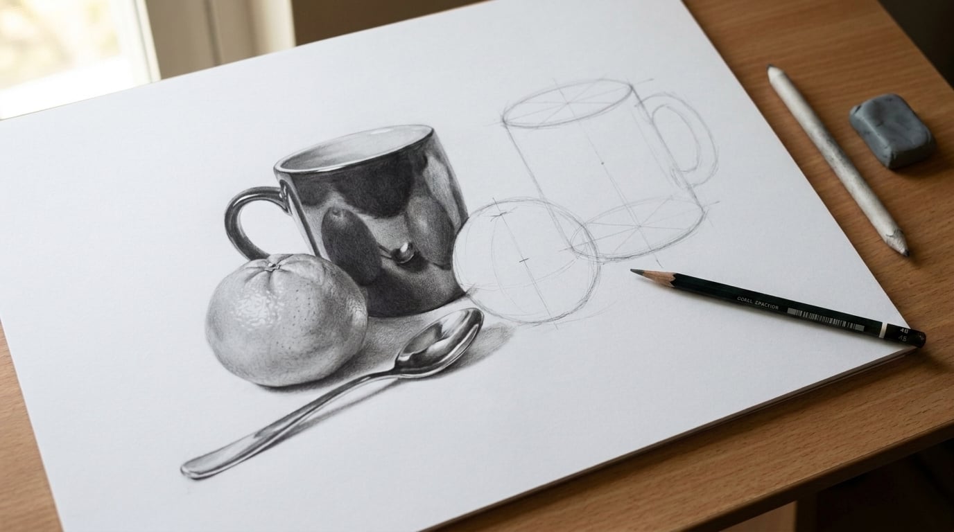 A graphite still life drawing in progress on white paper showing a fully rendered ceramic mug, orange, and spoon on the left transitioning into light construction line block-in shapes on the right, with a graphite pencil, blending stump, and kneaded eraser on the wooden desk.