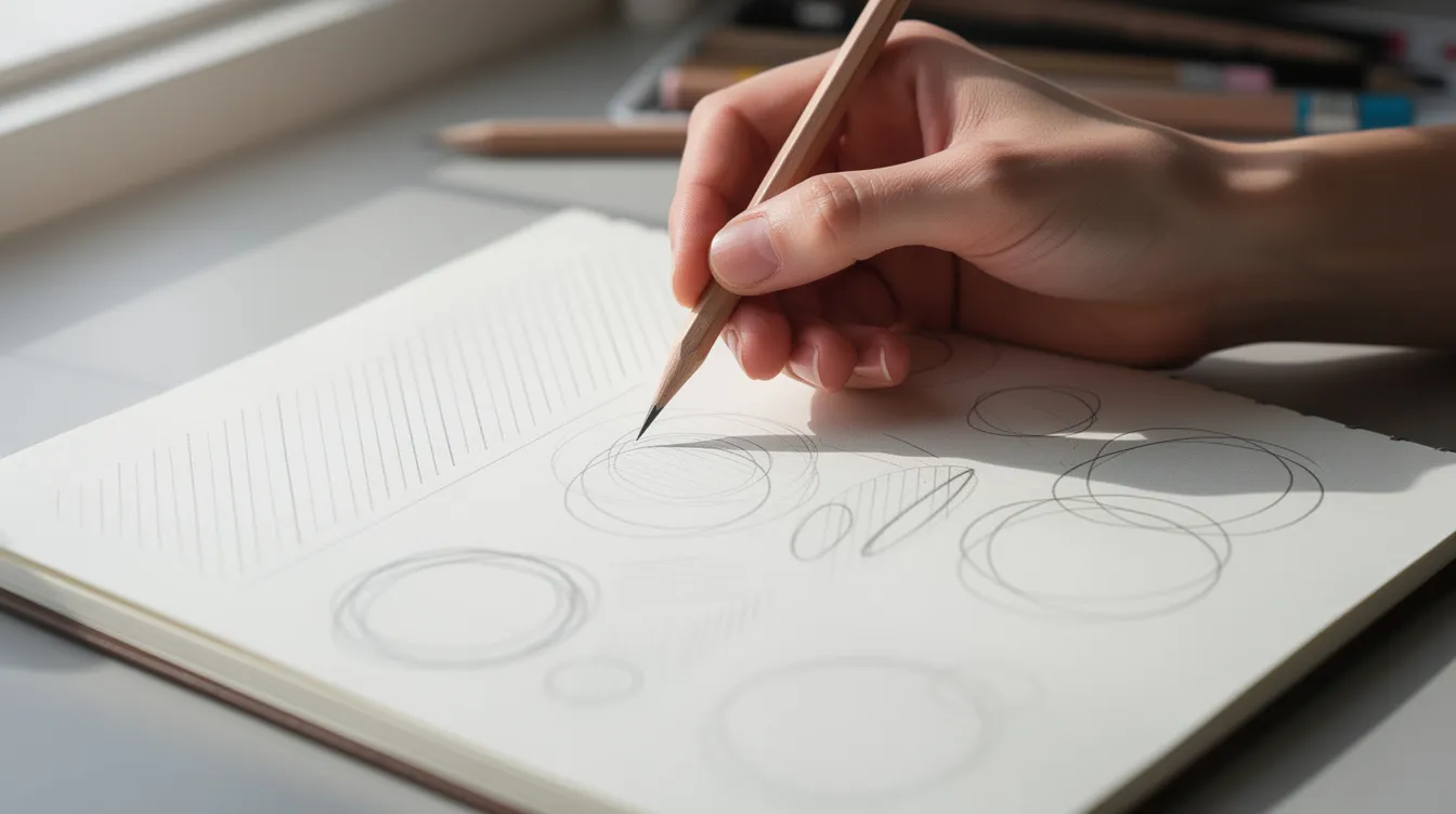 An artist's hand is holding a pencil above a sketchbook that is filled with practice lines and circles, showcasing various drawing exercises aimed at improving overall drawing skills. The sketchbook pages display a range of marks, from straight lines to perfect circles, emphasizing the importance of drawing practice and fine motor skills in developing one's personal style.