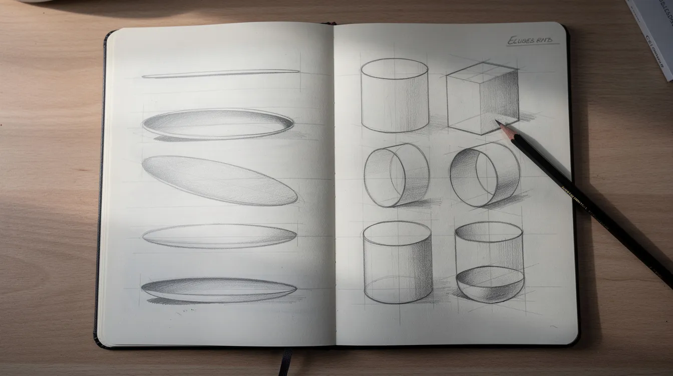 A sketchbook page displays various ellipses drawn at different angles and sizes, showcasing a drawing exercise aimed at improving overall drawing skills. The practice highlights the importance of line quality and muscle memory, serving as a warm-up for artists to enhance their figure drawing skills.