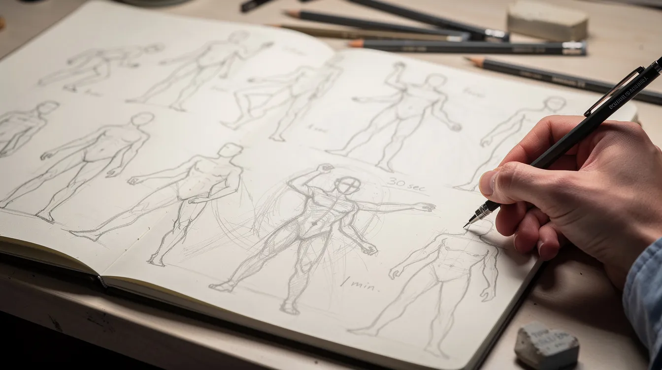 An artist is engaged in a drawing exercise, sketching quick gesture drawings of human figures in a sketchbook, using a pencil to create fluid lines that capture the essence of movement. The sketches showcase various poses, emphasizing the artist's focus on improving their figure drawing skills and overall line quality.