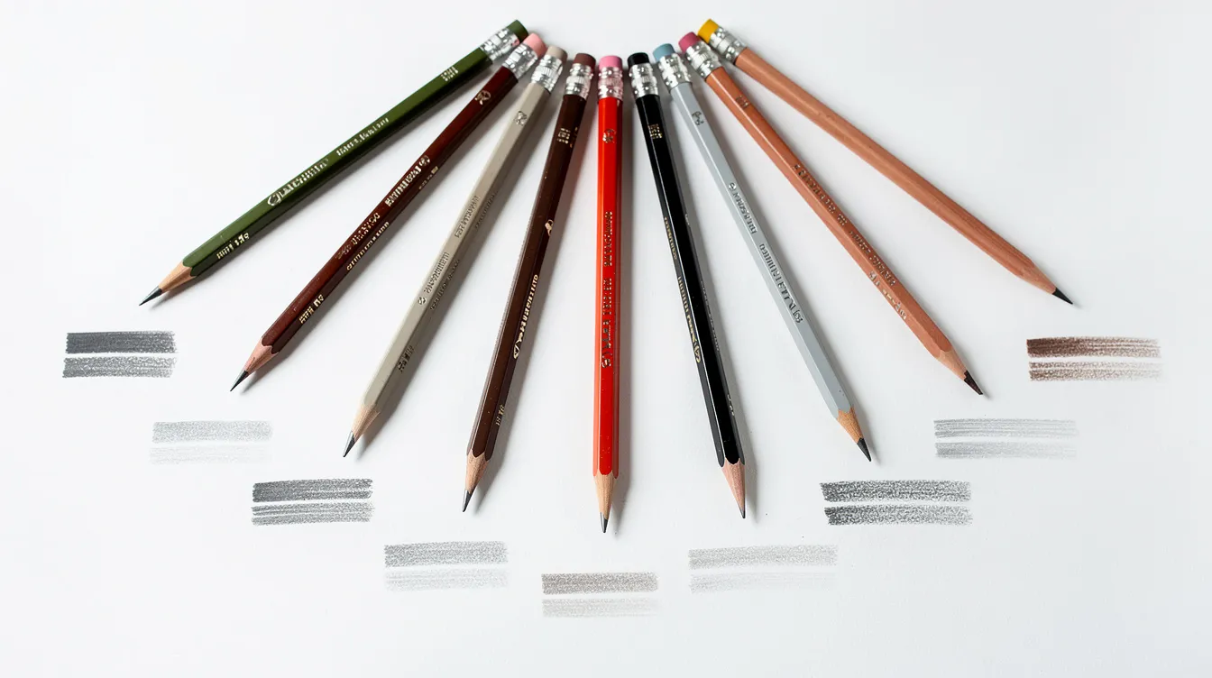 A collection of premium drawing pencils from various brands is arranged in a fan pattern on white paper, with swatches of each pencil's graphite and color tones displayed beneath them. The image showcases a variety of pencil grades, including soft and harder pencils, highlighting their line quality and tonal range for fine art drawing.