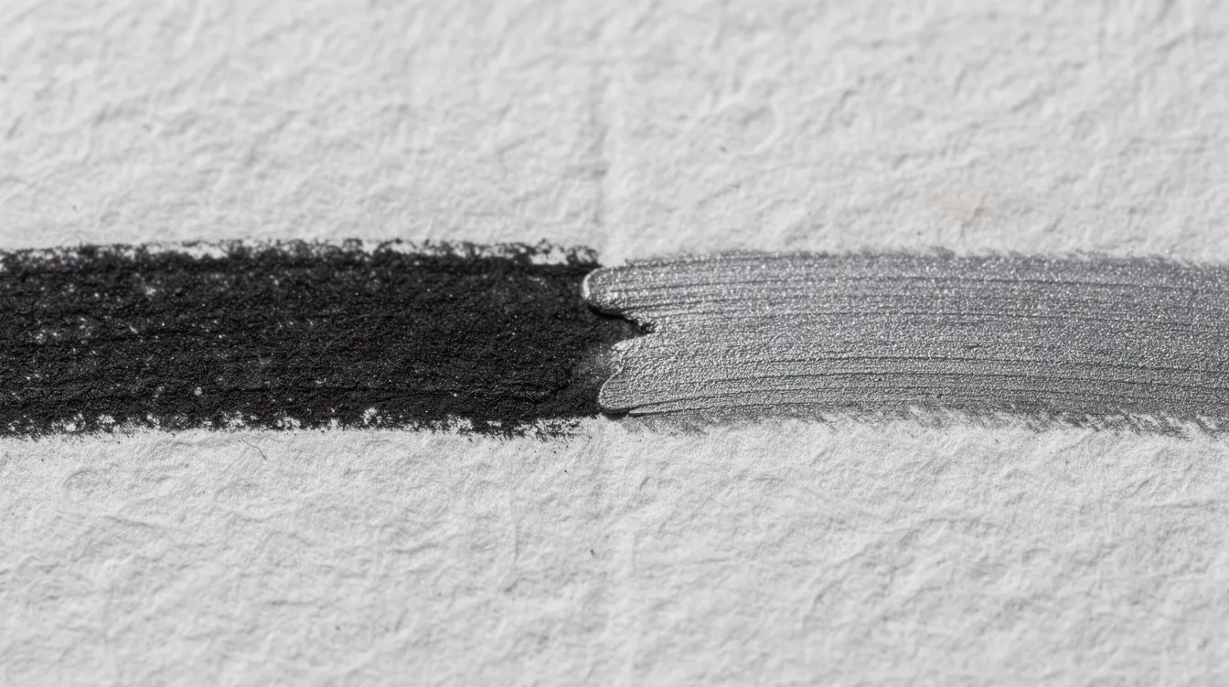 A close-up view showcases the distinct marks made by charcoal pencils and graphite pencils side by side on textured drawing paper, highlighting the wide tonal range and line quality of each medium. The charcoal marks appear darker and richer, while the graphite offers smoother, lighter values, illustrating the unique properties of these professional quality drawing tools.