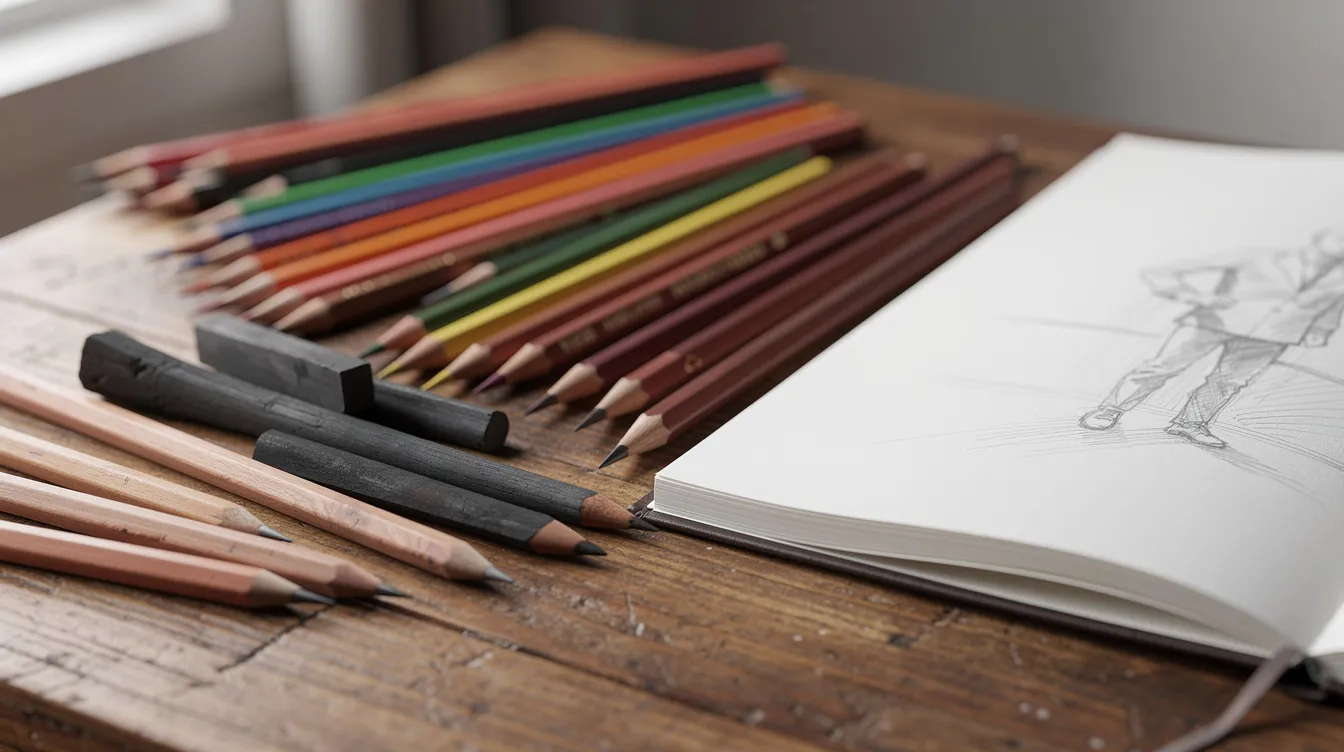 An assortment of graphite pencils, charcoal sticks, and colored pencils is neatly arranged on a wooden table beside an open sketchbook, showcasing a variety of tools for fine art drawing. The scene highlights the different pencil grades and materials, perfect for artists looking to create detailed sketches or technical drawings.