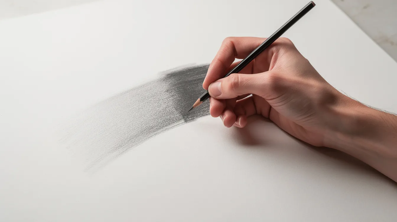 An artist's hand is gripping a pencil in an overhand position, skillfully shading a large area on drawing paper, showcasing the use of high-quality graphite pencils for a wide tonal range. The scene captures the delicate process of drawing, emphasizing the artist's focus and the smooth texture of the paper.
