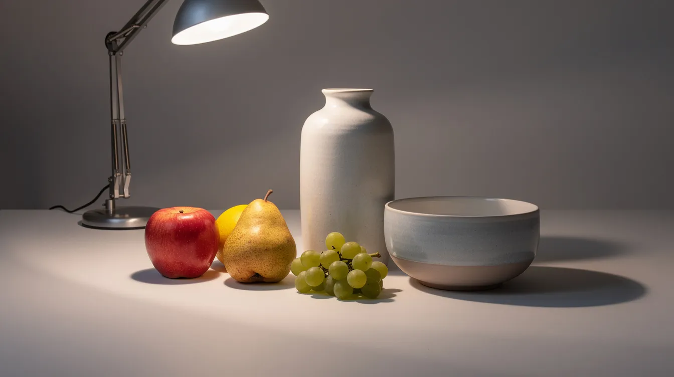 A still life arrangement features ceramic objects and fruit on a flat surface, illuminated by a desk lamp that casts clear shadows at a 45-degree angle, enhancing the shapes and forms of the items. This scene serves as an excellent reference photo for artists looking to improve their drawing skills and capture the beauty of real life.