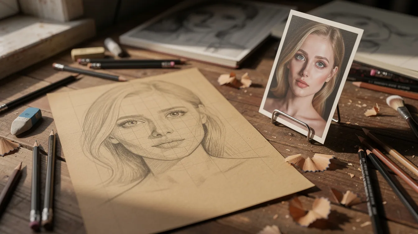 The image depicts an artist's workspace featuring a printed reference photo alongside a pencil drawing in progress on toned paper, showcasing the intricate details and shapes being developed. The flat surface is cluttered with tools and materials, reflecting the creative process and drawing skills involved in producing hyper-realistic artwork.