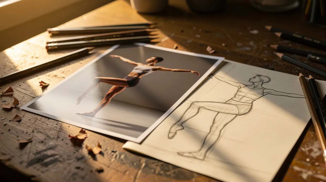 A close-up image of an artist's desk bathed in warm golden hour light features a photograph of a modern dancer alongside a quick sketch demonstrating figure drawing skills. Scattered pencils and art supplies create a creative atmosphere, highlighting the artist's process and the use of reference photos for capturing real-life poses.