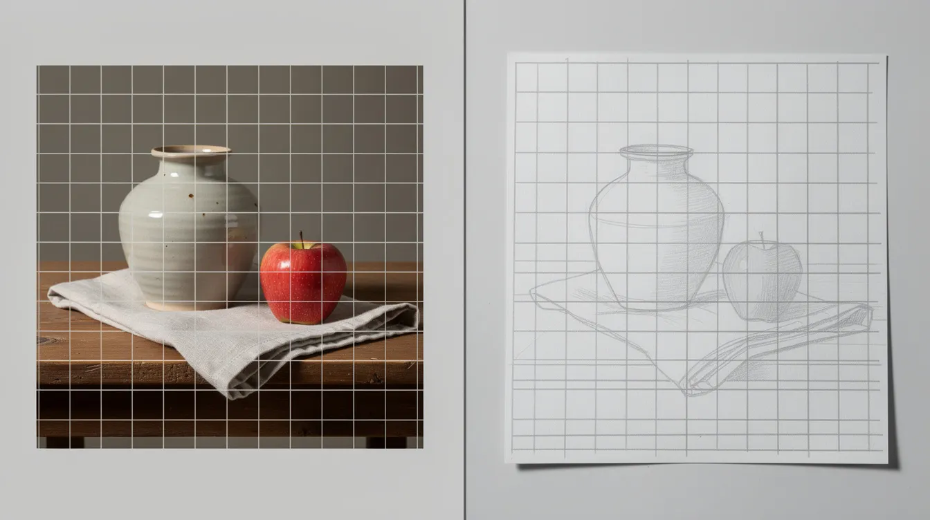 The image features a split view with a photograph on the left side, showcasing a scene with a grid overlay, and a drawing surface on the right, also displaying a proportional grid. This setup illustrates the process of using reference photos to enhance drawing skills and create hyper-realistic artwork.