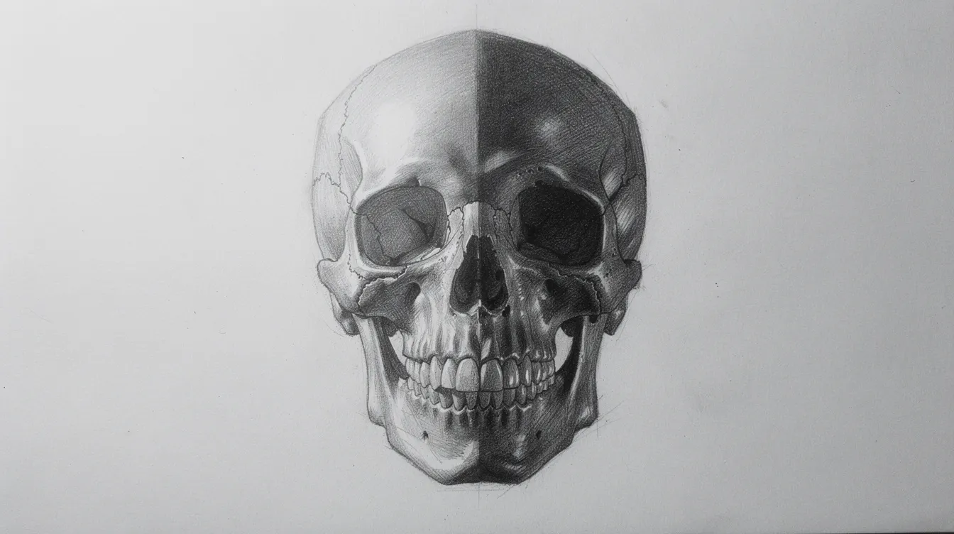 A half-shaded pencil drawing of a human skull is depicted, illuminated by dramatic top-left lighting that casts deep shadows in the eye sockets and mouth, showcasing the intricate lines and contours of the subject. This artwork serves as an educational tool for young artists to discover different styles and improve their drawing skills through step drawing techniques.
